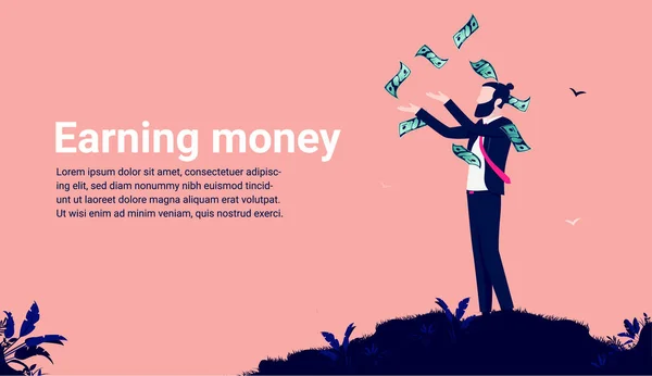 Επιχείρηση Κερδίζοντας Χρήματα Επιχειρηματίας Γιορτάζει Κέρδη Ρίχνοντας Χρήματα Στον Αέρα — Διανυσματικό Αρχείο
