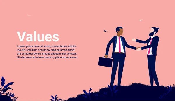 Business Values Presentation Slide Template Two Businessmen Shaking Hands Copy — Image vectorielle