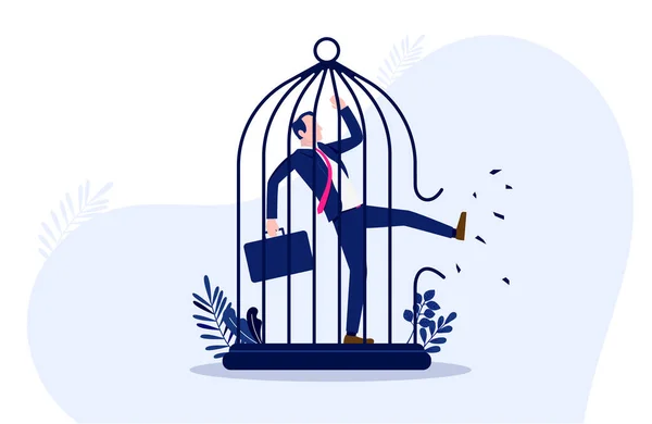 Briser Métaphore Libre Homme Affaires Dans Cage Oiseaux Coups Pied — Image vectorielle