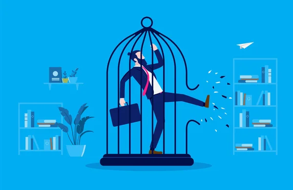 Businessman Breaking Cage Man Kicking Birdcage Open Find Freedom Break — стоковый вектор