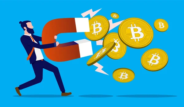 Business Collecting Bitcoin Businessman Magnet Accumulating Cryptocurrency Vector Illustration — стоковый вектор