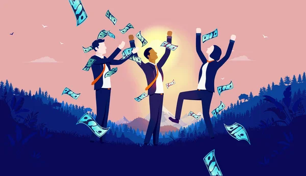 Money Celebration Happy Business People Throwing Dollar Bills Air Cheering — Vetor de Stock