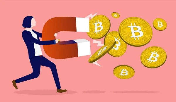 Vrouw Verzamelen Bitcoin Vrouwelijke Persoon Met Magneet Aantrekken Crypto Geld — Stockvector