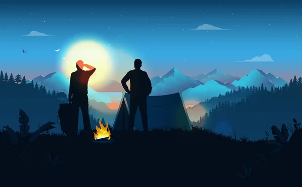 露营之旅的两个朋友 带着帐篷和篝火在大自然中观看日落的人 冒险和旅行的概念 矢量说明 — 图库矢量图片