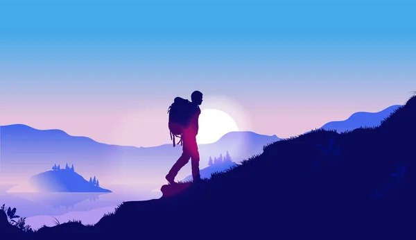 Clear Your Mind Walking Nature Silhouette Man Walking Backpack Hill — Stock Vector