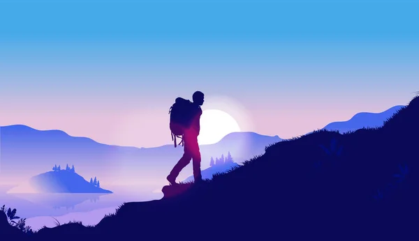 Despeja Mente Caminando Naturaleza Silueta Del Hombre Caminando Con Mochila — Vector de stock