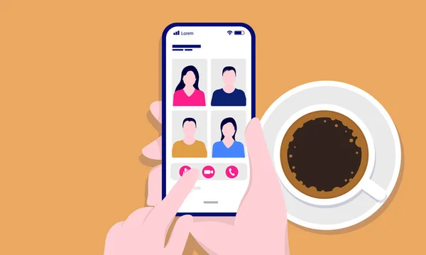 Ranní Dálkové Setkání Telefonu Ruce Držící Smartphone Video Chat App — Stockový vektor