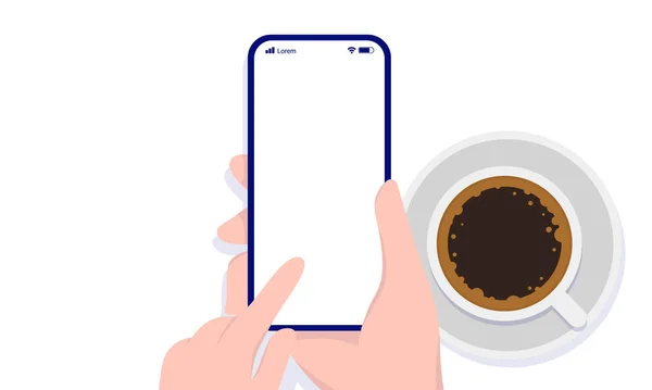 Smartphone Met Leeg Transparant Scherm Een Kop Koffie Surfen Het — Stockvector