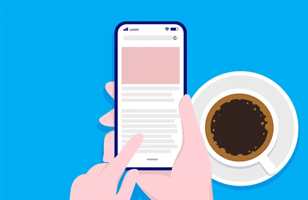 Smartphone Och Kaffe Mockup Vektor Illustration Hand Hålla Telefonen Och — Stock vektor