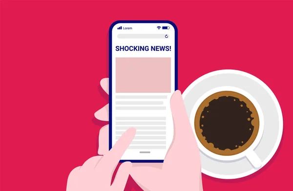 Διαβάζοντας Συγκλονιστικά Νέα Στο Τηλέφωνο Ενώ Πίνοντας Καφέ Χέρια Smartphone — Διανυσματικό Αρχείο