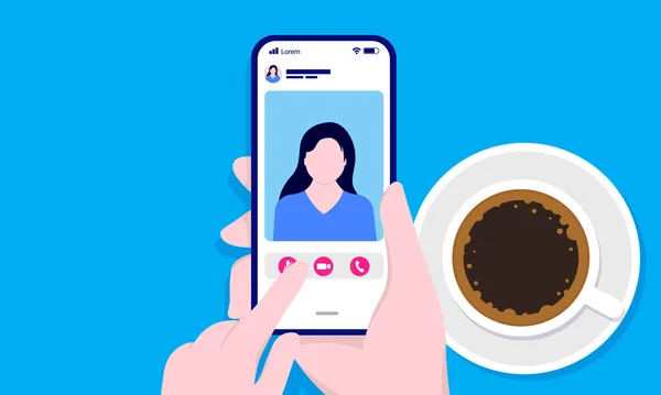 Video Hovor Brzy Ráno Kávou Ruka Smartphone Video Chatování Ženou — Stockový vektor