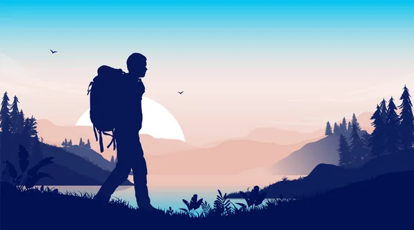 Hiking Illustration Man Backpack Walking Beautiful Nature Alone Copy Space — Stock Vector