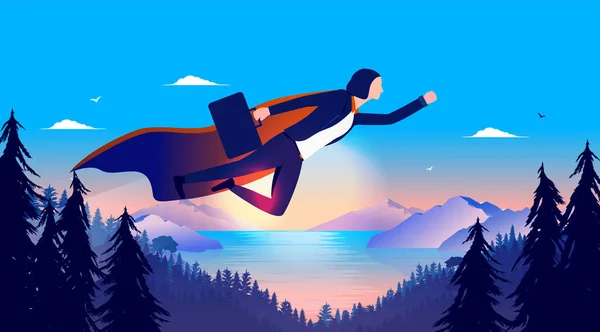 Superwoman Negocio Empresaria Con Capa Vuelo Través Del Paisaje Una — Vector de stock