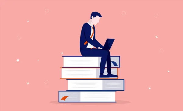 Empresario Sentado Libros Con Portátil Regazo Hombre Tomando Cursos Estudio — Vector de stock