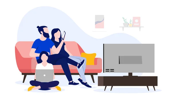 Aile evde internet kullanıyor, televizyon izliyor, bilgisayar ve akıllı telefon kullanıyor. Eş ve ev ağı kavramı. Vektör illüstrasyonu.