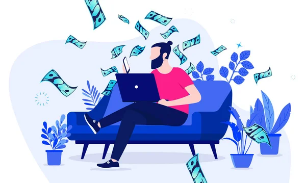 Side Hustle Man Sitting Sofa Home Working His Second Income — Stock Vector
