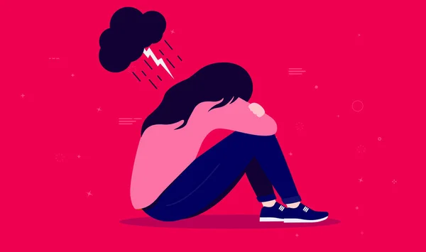 落ち込んでいるティーンの女の子 頭の上に暗い雲を持つ女性の人 うつ病 悲しみ 精神衛生問題の概念 ベクターイラスト — ストックベクタ