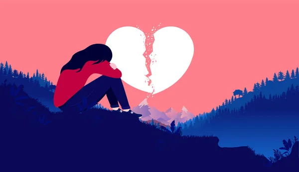 Heartbreak Girl Heartbroken Woman Sitting Hill Feeling Sad Alone Broken — Stock Vector