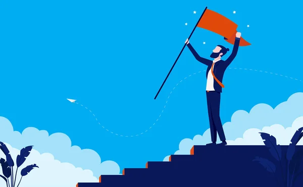 キャリア目標 成功へのステップを踏んで 企業のはしごを登り 旗を上に振っている男 ベクターイラスト — ストックベクタ
