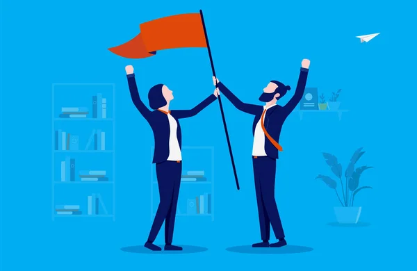 Man Woman Triumphant Businesswoman Businessman Holding Flag Together Cheering Raised — Image vectorielle