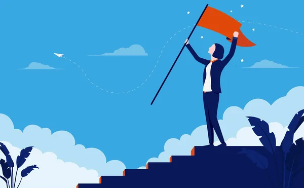 勝利を祝う企業のはしごの上に成功した女性 出世旗とキャリアの成功を祝う空気中の手を持つ女性実業家 ベクターイラスト — ストックベクタ