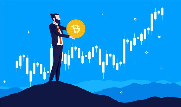 Bitcoin Business Zakenman Houden Bitcoin Voorkant Van Stijgende Grafiek Accumulatie — Stockvector