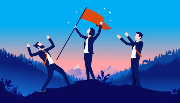 Woman Leader Female Person Holding Flag Victory Businessmen Cheering Her — Stockvektor