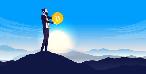 Bitcoin Новых Высотах Человек Держит Монету Вершине Горы Восходом Солнца — стоковый вектор