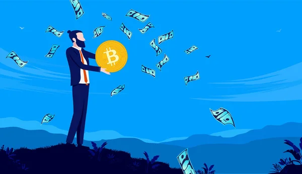 Man Wordt Rijk Aan Bitcoin Mannelijke Persoon Die Heuveltop Buiten — Stockvector