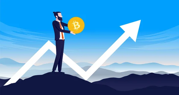 Holding Bitcoin Long Term Man Holding Coin Front Rising Graph — Stock Vector