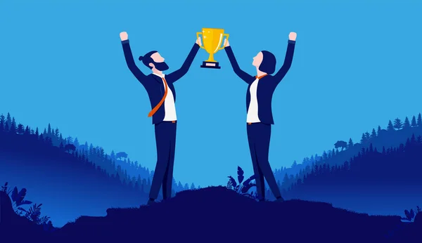 分享胜利 商人和女人拿着奖杯庆祝胜利 商业团队成功的概念 矢量说明 — 图库矢量图片