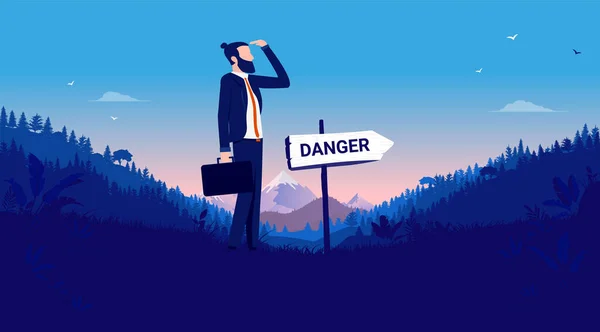 Business Danger Ahead Businessman Standing Front Sign Pointing Risk Adversity — Stock Vector