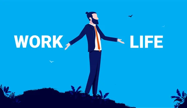 Work Life Balance Geschäftsmann Der Auf Einem Hügel Steht Und — Stockvektor