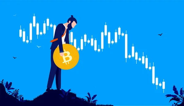 Losing Money Bitcoin Man Holding Coin Descending Chart Cryptocurrency Lost — стоковый вектор