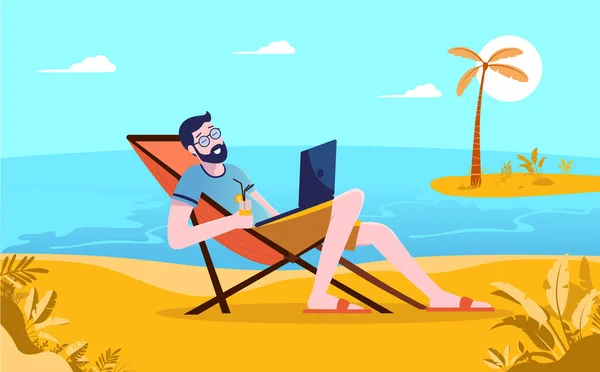 Workation Uomo Prende Suo Lavoro Vacanza Lavora Distanza Dalla Spiaggia — Vettoriale Stock