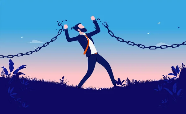 ビジネスマンの鎖を破る 強力な男の束縛や退屈から解放破壊する 自由と人生の変化の概念 ベクターイラスト — ストックベクタ