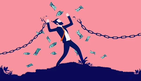 Financial Freedom Businessman Man Breaking Chains Escape Poverty Money Raining — Stock vektor