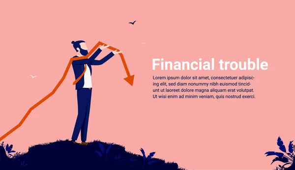 Problèmes Financiers Homme Affaires Tenant Flèche Pointant Vers Bas Échec — Image vectorielle
