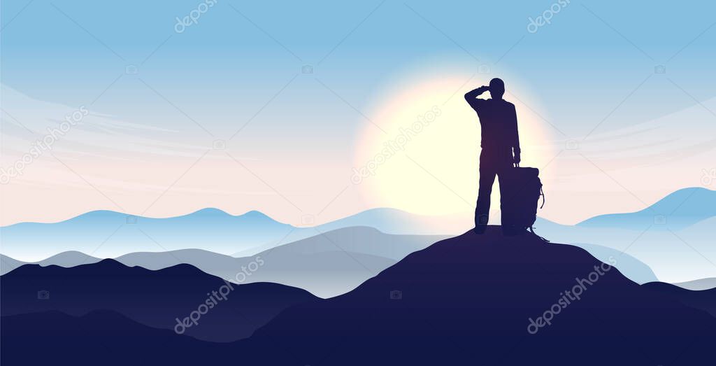 Man on top of the world - Silhouette of male person looking to the horizon, watching sunrise and the start of a new day. Hope and opportunity concept. Vector illustration.