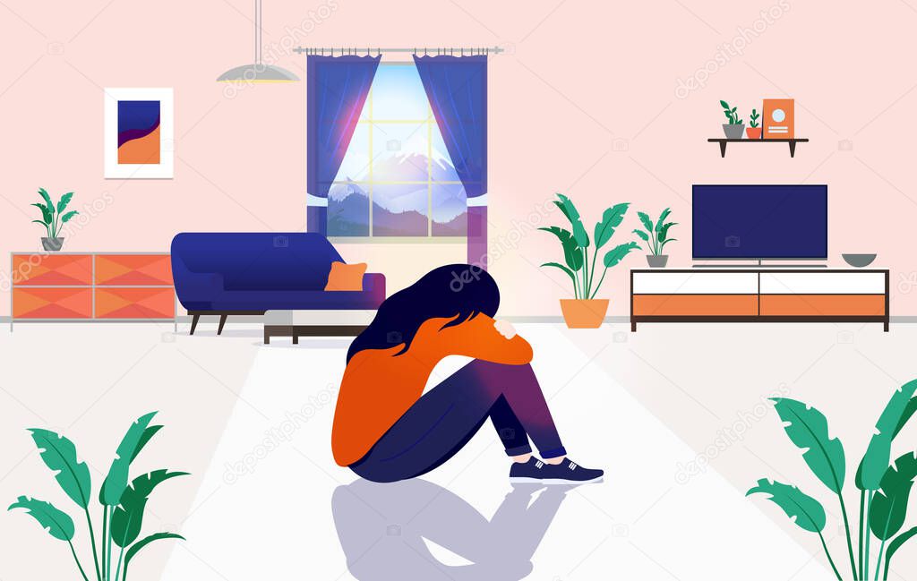 Loneliness at home - Sad woman sitting alone on floor, suffering from depression and feeling lonely. Isolation and staying home unwillingly concept. Vector illustration.