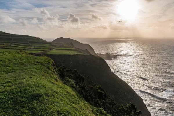Sao Miguel adasında gün batımında Miradouro da Ponta do Escalvado 'dan panoramik manzara. Azores, Portekiz.