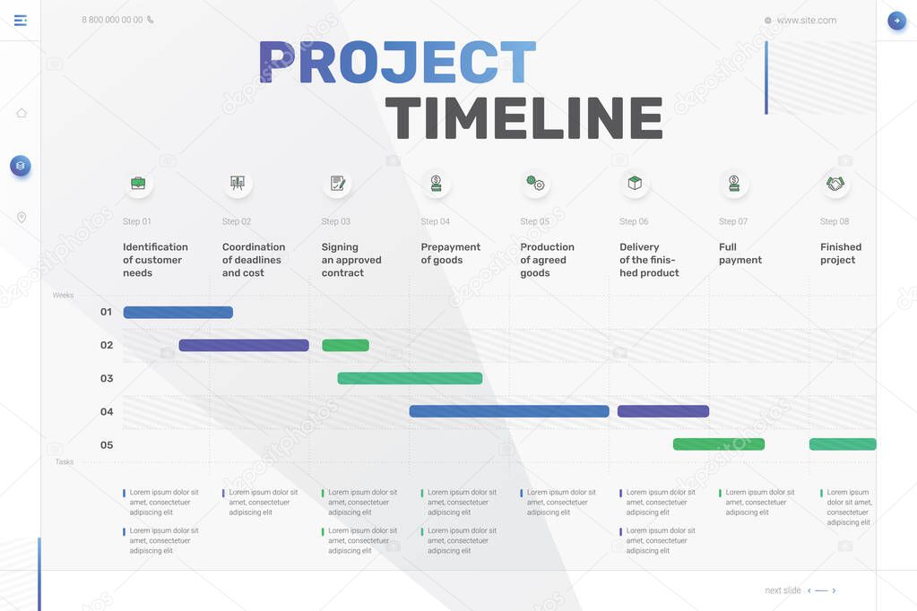 Vector project timeline graph, progress chart of project - eight stages, infographic template. Time plan template with project tasks in time intervals. Easy to use for your website or presentation