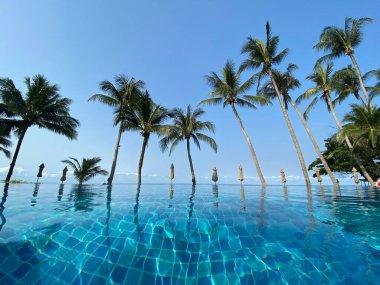 Plaj ve deniz, tatil ve tatil, palmiyeli güzel tropikal plaj, mavi gökyüzü beyaz bulutlar