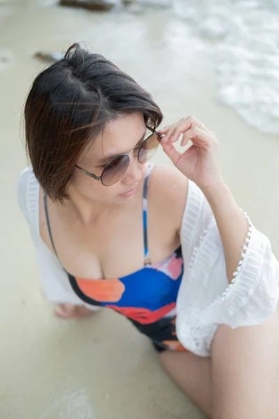 Portrait Bikini Girl Sea Background Asian Woman Beauty Concep — Stock Photo, Image