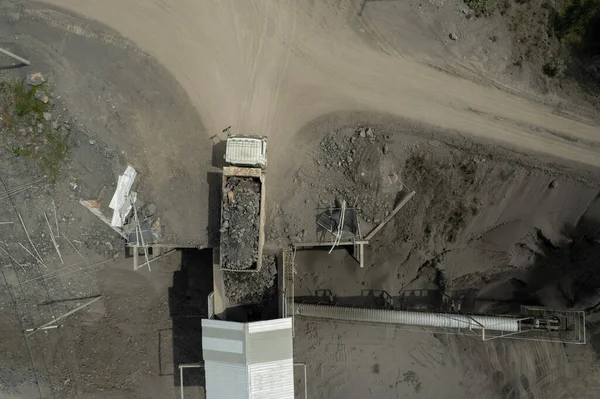 Aerial View Sand Loaders Shoveling Rocks Dump Truck — Stock Photo, Image