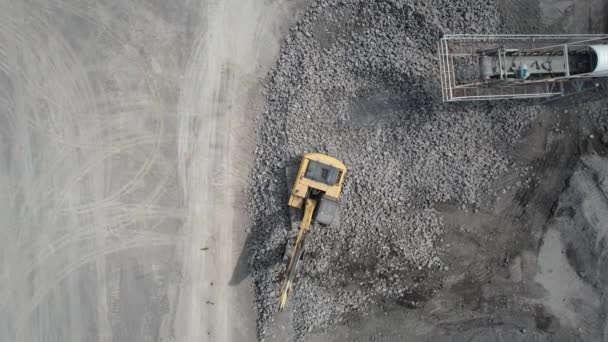 Aerial View Excavator Scooping Rocks — Stock Video