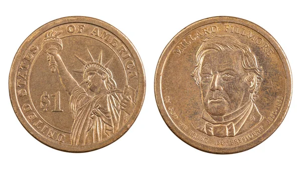 1ドル硬貨の両側 アメリカ合衆国の貨幣 自由の女神 アメリカの現金だ 金融市場 メタリックゴールデン 銅円コイン マクロ写真 隔離された白い背景 — ストック写真
