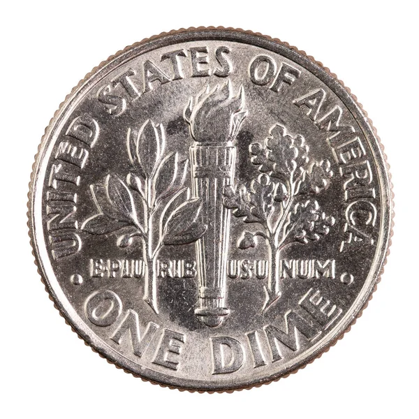1つのダイムコイン アメリカ合衆国の貨幣 アメリカの現金だ 金融市場 米国銀行 金属銀円玉 高品質のマクロ写真 隔離された白い背景 — ストック写真