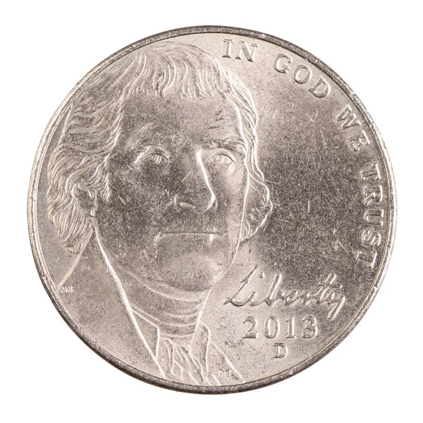 ５セント硬貨だ アメリカ合衆国の貨幣 3代目社長 アメリカの現金だ 金融市場 米国銀行 金属銀円玉 高品質のマクロ写真 隔離された白い背景 — ストック写真
