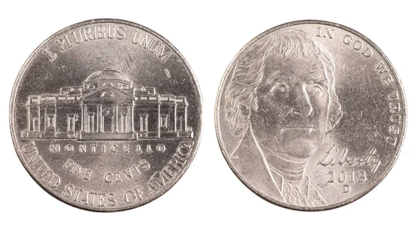Fem Cent Mynt Båda Sidor Pengar Förenta Staterna Monticellos Hus — Stockfoto